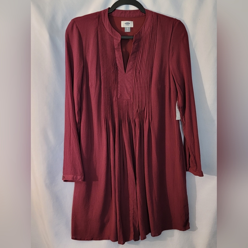 NWT Old Navy Burgandy Pleated Long Sleeve Dress Size XS